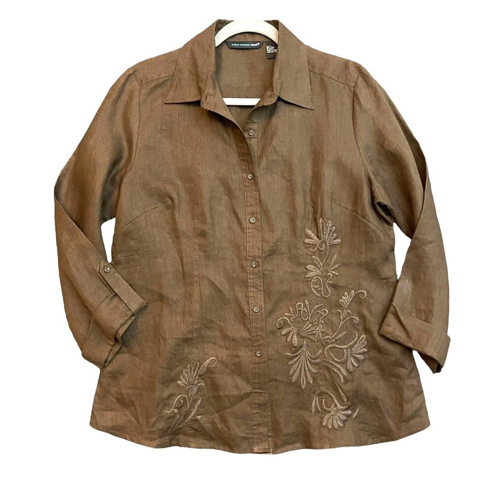 LINEN Saint Tropez West Embroidered Womens Size Large Brown Button Up 3/4 Sleeve